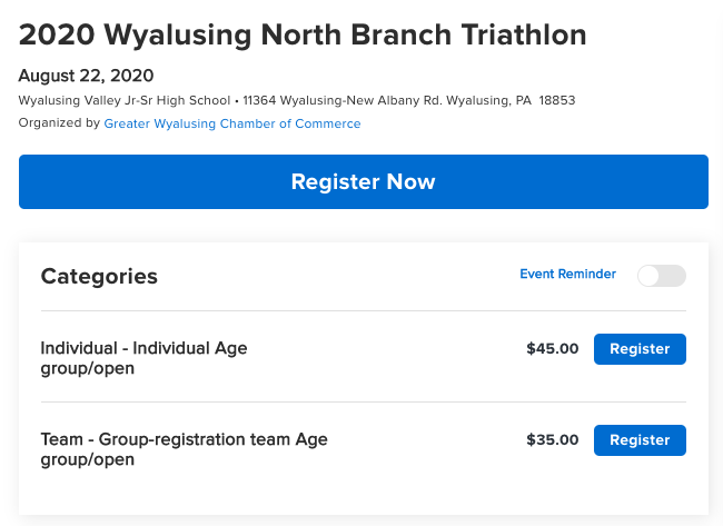 Online Registration for the 2020 Wyalusing North Branch Triathlon Now Available at Active.com